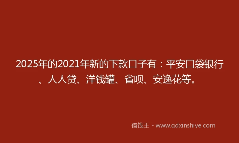 2025年的2021年新的下款口子有：平安口袋银行、人人贷、洋钱罐、省呗、安逸花等。