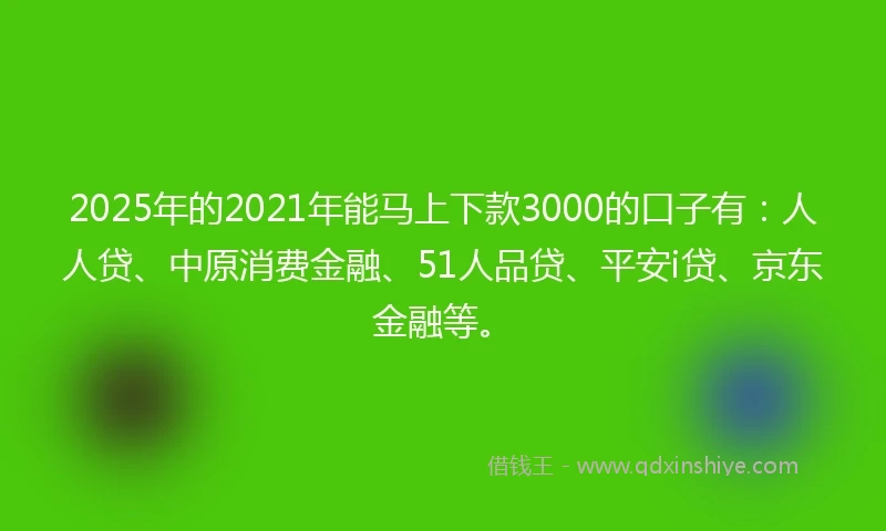 2025年的2021年能马上下款3000的口子有：人人贷、中原消费金融、51人品贷、平安i贷、京东金融等。