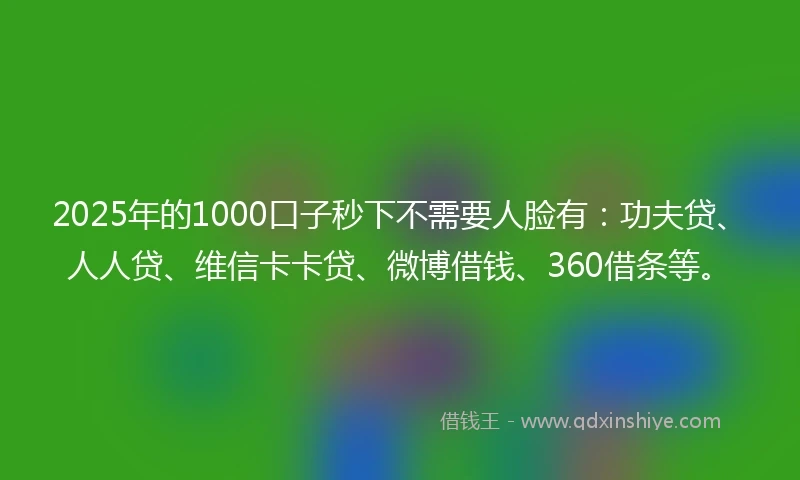 2025年的1000口子秒下不需要人脸有：功夫贷、人人贷、维信卡卡贷、微博借钱、360借条等。