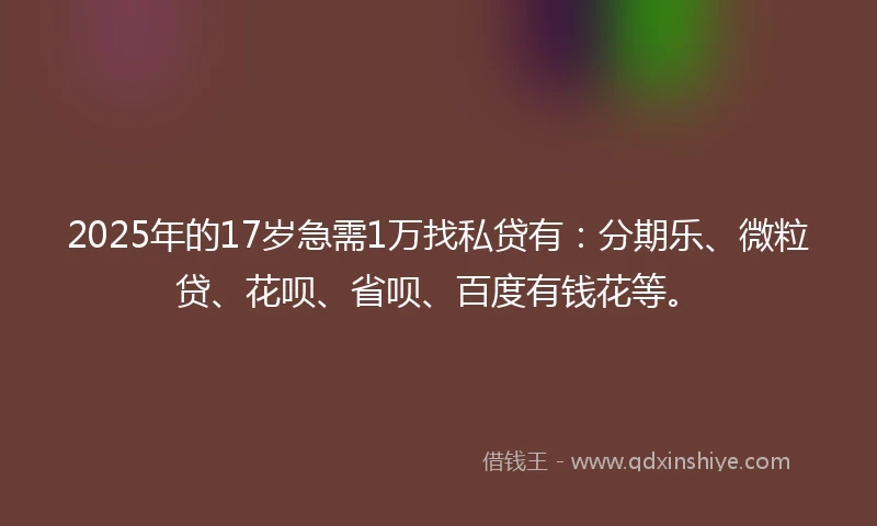 2025年的17岁急需1万找私贷有：分期乐、微粒贷、花呗、省呗、百度有钱花等。