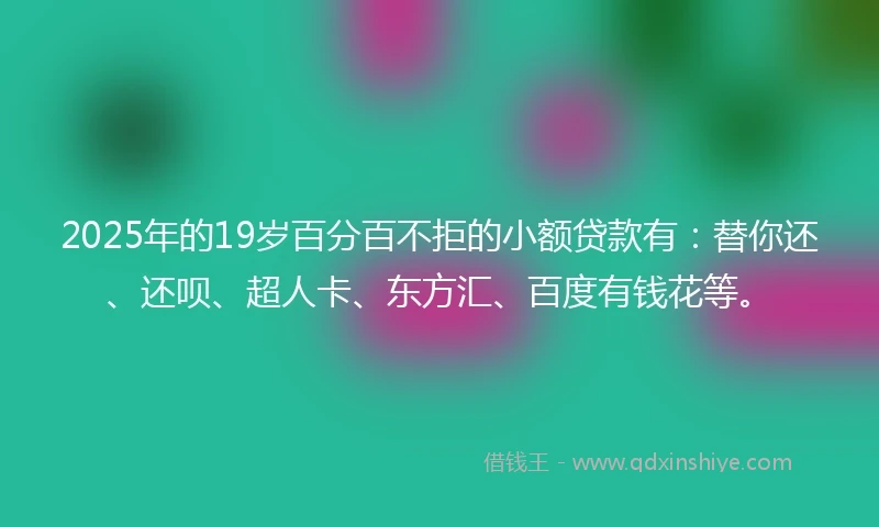 2025年的19岁百分百不拒的小额贷款有：替你还、还呗、超人卡、东方汇、百度有钱花等。