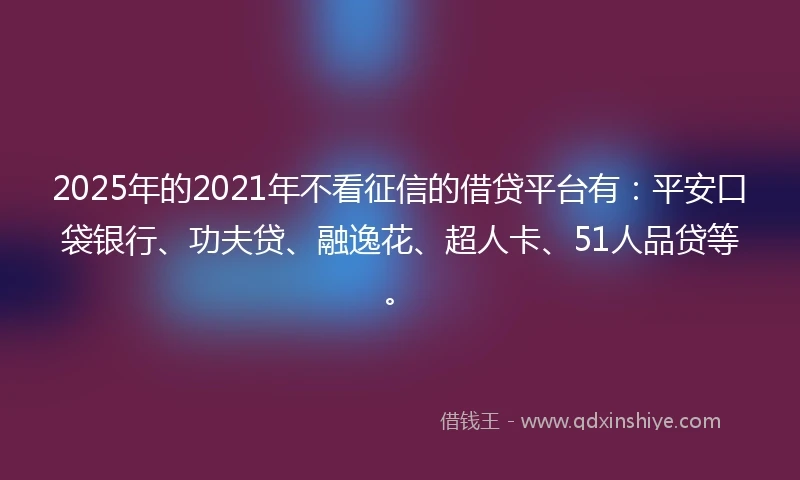 2025年的2021年不看征信的借贷平台有：平安口袋银行、功夫贷、融逸花、超人卡、51人品贷等。