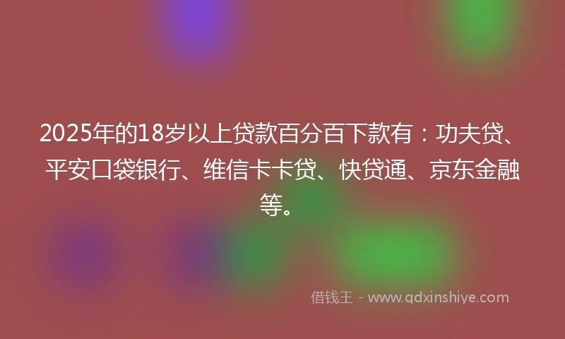 2025年的18岁以上贷款百分百下款有：功夫贷、平安口袋银行、维信卡卡贷、快贷通、京东金融等。