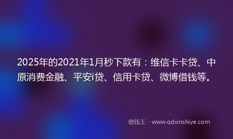 2025年的2021年1月秒下款有：维信卡卡贷、中原消费金融、平安i贷、信用卡贷、微博借钱等。