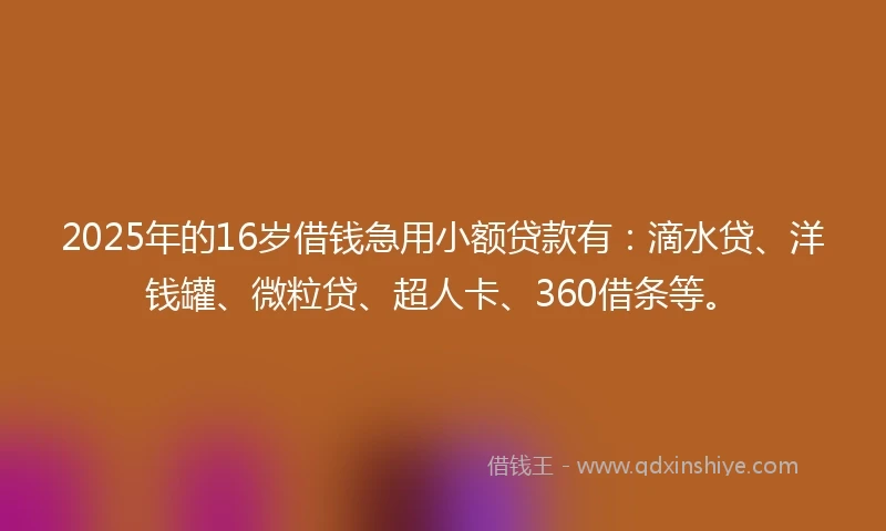 2025年的16岁借钱急用小额贷款有：滴水贷、洋钱罐、微粒贷、超人卡、360借条等。