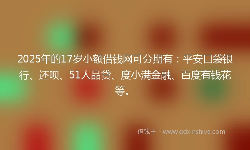 2025年的17岁小额借钱网可分期有：平安口袋银行、还呗、51人品贷、度小满金融、百度有钱花等。