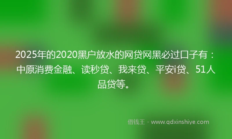 2025年的2020黑户放水的网贷网黑必过口子有：中原消费金融、读秒贷、我来贷、平安i贷、51人品贷等。