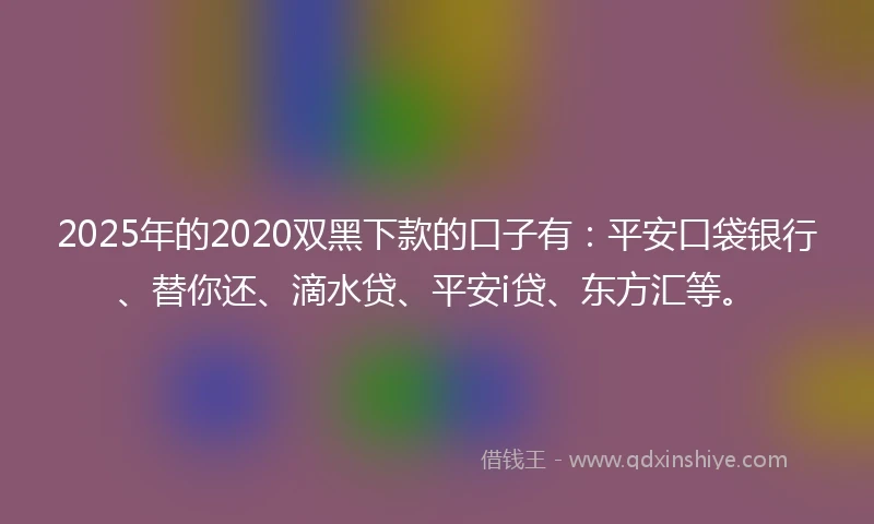 2025年的2020双黑下款的口子有：平安口袋银行、替你还、滴水贷、平安i贷、东方汇等。