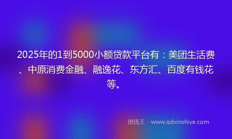 2025年的1到5000小额贷款平台有：美团生活费、中原消费金融、融逸花、东方汇、百度有钱花等。