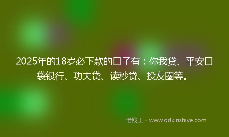 2025年的18岁必下款的口子有：你我贷、平安口袋银行、功夫贷、读秒贷、投友圈等。