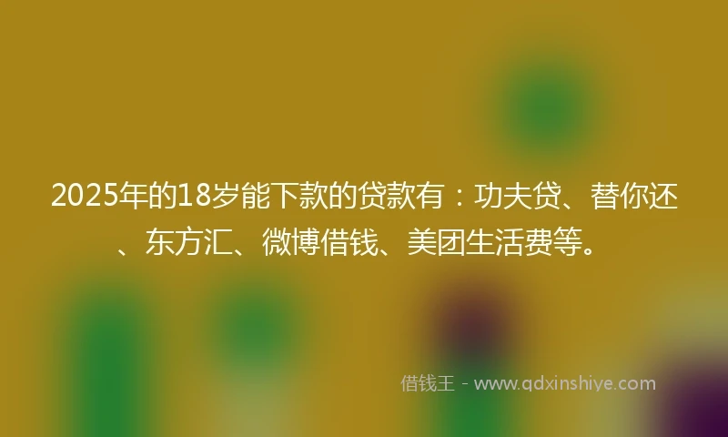 2025年的18岁能下款的贷款有：功夫贷、替你还、东方汇、微博借钱、美团生活费等。