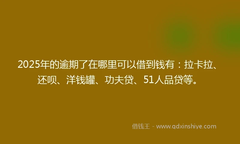2025年的逾期了在哪里可以借到钱有：拉卡拉、还呗、洋钱罐、功夫贷、51人品贷等。