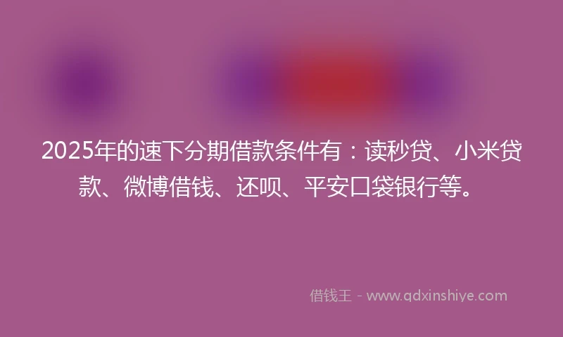 2025年的速下分期借款条件有：读秒贷、小米贷款、微博借钱、还呗、平安口袋银行等。