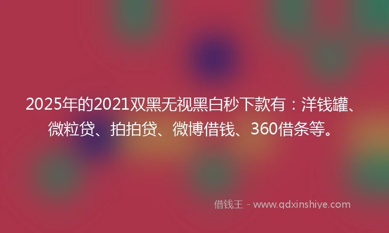 2025年的2021双黑无视黑白秒下款有：洋钱罐、微粒贷、拍拍贷、微博借钱、360借条等。