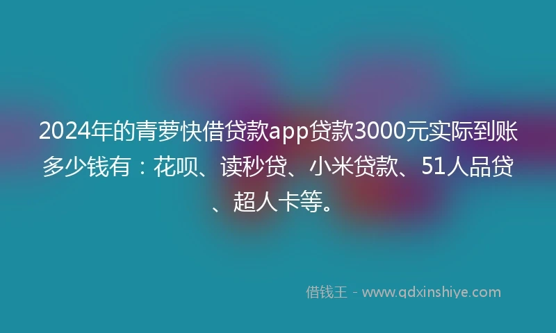 2024年的青萝快借贷款app贷款3000元实际到账多少钱有：花呗、读秒贷、小米贷款、51人品贷、超人卡等。