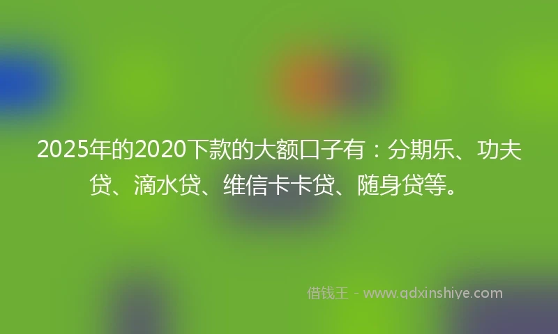 2025年的2020下款的大额口子有：分期乐、功夫贷、滴水贷、维信卡卡贷、随身贷等。