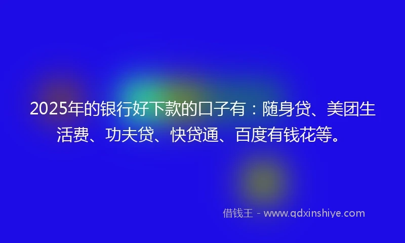 2025年的银行好下款的口子有：随身贷、美团生活费、功夫贷、快贷通、百度有钱花等。