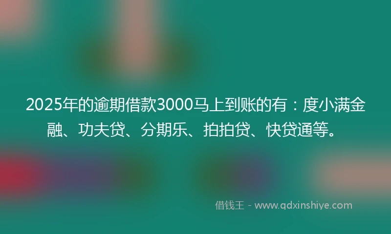 2025年的逾期借款3000马上到账的有：度小满金融、功夫贷、分期乐、拍拍贷、快贷通等。