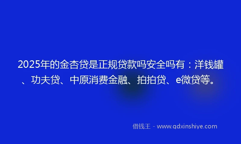 2025年的金杏贷是正规贷款吗安全吗有：洋钱罐、功夫贷、中原消费金融、拍拍贷、e微贷等。