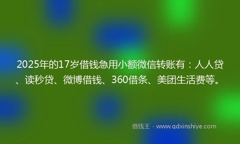 2025年的17岁借钱急用小额微信转账有：人人贷、读秒贷、微博借钱、360借条、美团生活费等。
