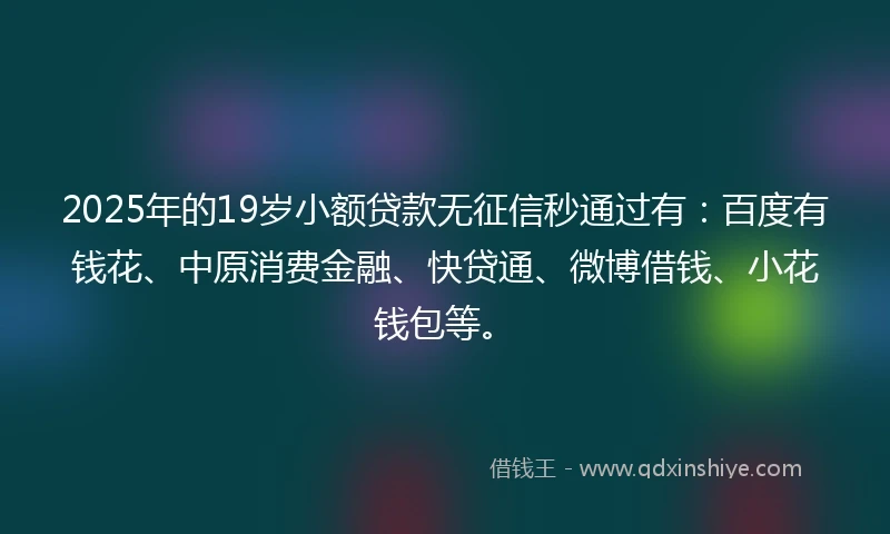 2025年的19岁小额贷款无征信秒通过有：百度有钱花、中原消费金融、快贷通、微博借钱、小花钱包等。
