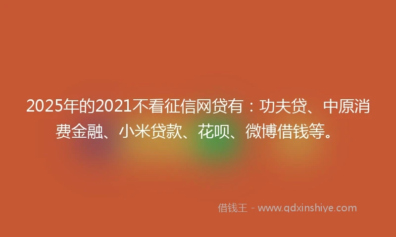 2025年的2021不看征信网贷有：功夫贷、中原消费金融、小米贷款、花呗、微博借钱等。
