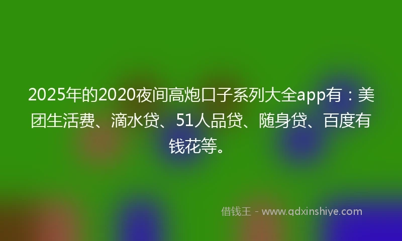 2025年的2020夜间高炮口子系列大全app有：美团生活费、滴水贷、51人品贷、随身贷、百度有钱花等。