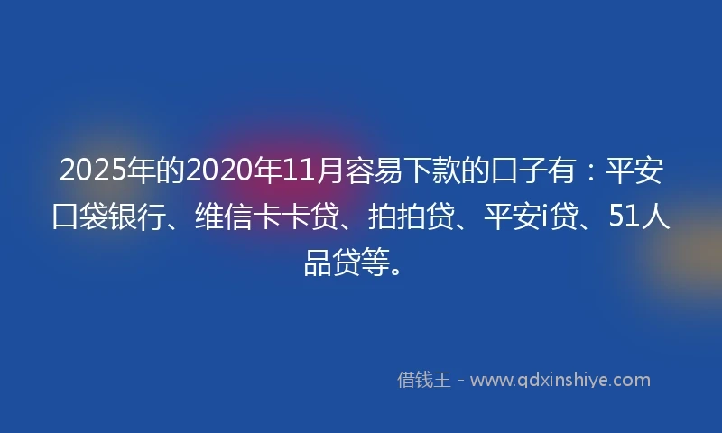 2025年的2020年11月容易下款的口子有：平安口袋银行、维信卡卡贷、拍拍贷、平安i贷、51人品贷等。