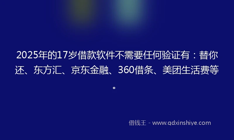 2025年的17岁借款软件不需要任何验证有：替你还、东方汇、京东金融、360借条、美团生活费等。