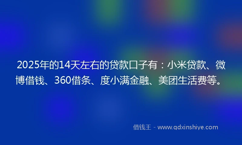 2025年的14天左右的贷款口子有：小米贷款、微博借钱、360借条、度小满金融、美团生活费等。