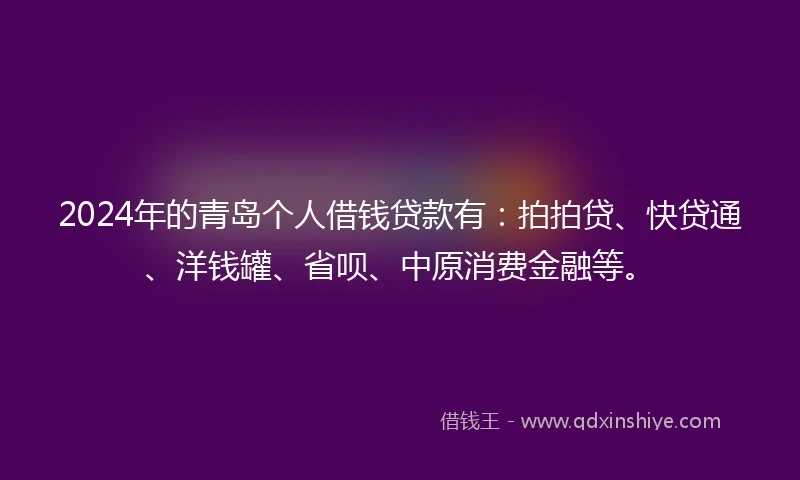 2024年的青岛个人借钱贷款有：拍拍贷、快贷通、洋钱罐、省呗、中原消费金融等。