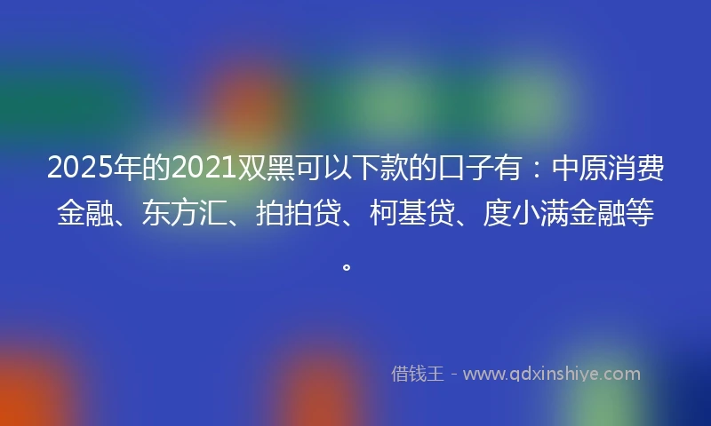 2025年的2021双黑可以下款的口子有：中原消费金融、东方汇、拍拍贷、柯基贷、度小满金融等。