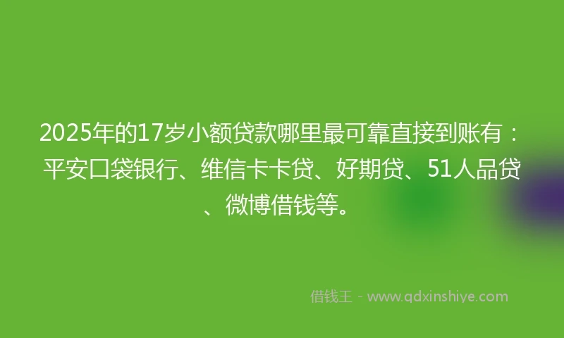 2025年的17岁小额贷款哪里最可靠直接到账有：平安口袋银行、维信卡卡贷、好期贷、51人品贷、微博借钱等。