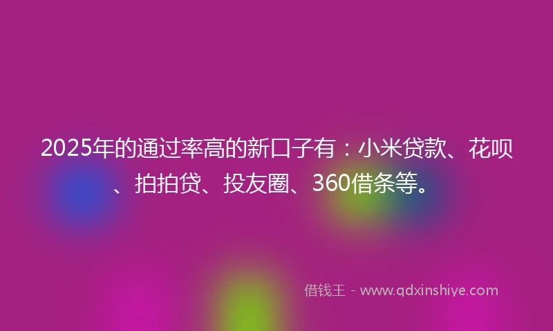 2025年的通过率高的新口子有：小米贷款、花呗、拍拍贷、投友圈、360借条等。