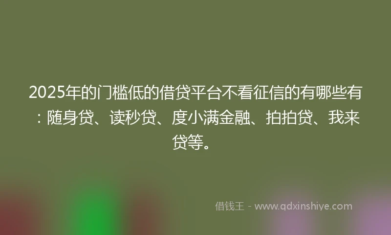 2025年的门槛低的借贷平台不看征信的有哪些有：随身贷、读秒贷、度小满金融、拍拍贷、我来贷等。
