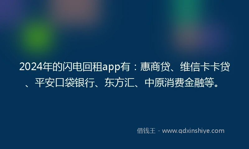 2024年的闪电回租app有：惠商贷、维信卡卡贷、平安口袋银行、东方汇、中原消费金融等。