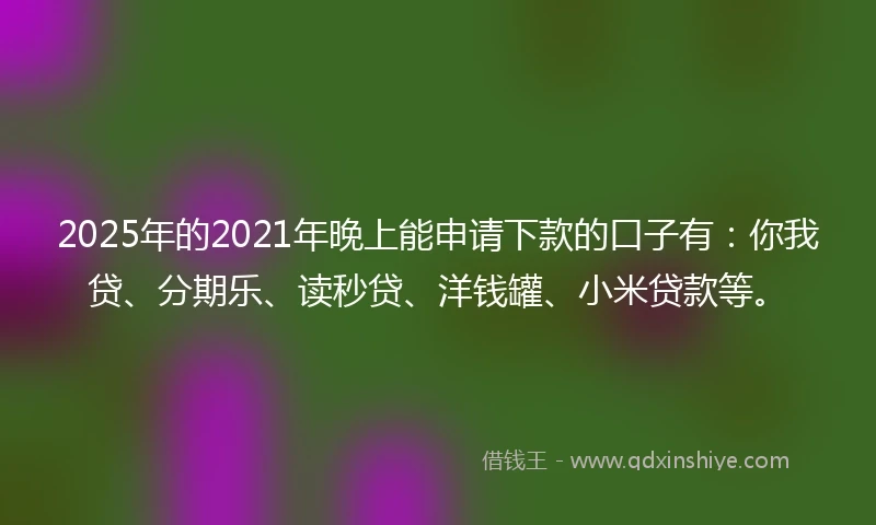 2025年的2021年晚上能申请下款的口子有：你我贷、分期乐、读秒贷、洋钱罐、小米贷款等。