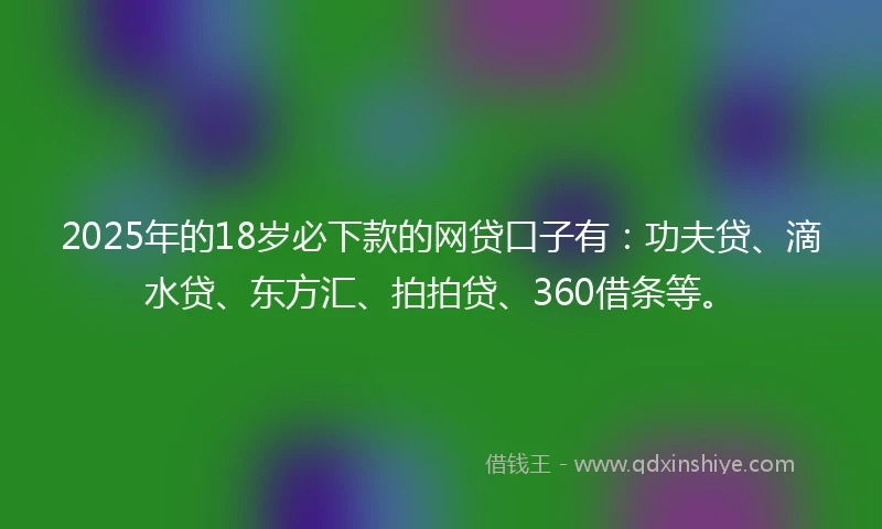 2025年的18岁必下款的网贷口子有：功夫贷、滴水贷、东方汇、拍拍贷、360借条等。