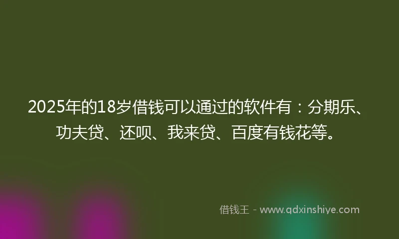 2025年的18岁借钱可以通过的软件有：分期乐、功夫贷、还呗、我来贷、百度有钱花等。