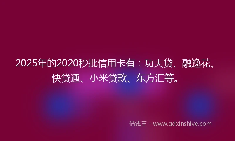 2025年的2020秒批信用卡有：功夫贷、融逸花、快贷通、小米贷款、东方汇等。