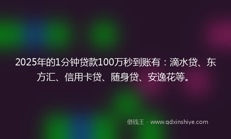 2025年的1分钟贷款100万秒到账有：滴水贷、东方汇、信用卡贷、随身贷、安逸花等。