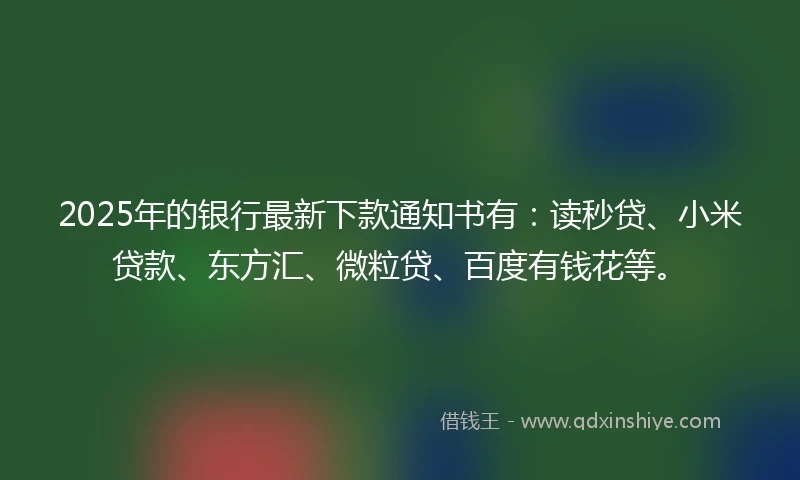 2025年的银行最新下款通知书有：读秒贷、小米贷款、东方汇、微粒贷、百度有钱花等。