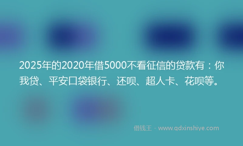 2025年的2020年借5000不看征信的贷款有：你我贷、平安口袋银行、还呗、超人卡、花呗等。