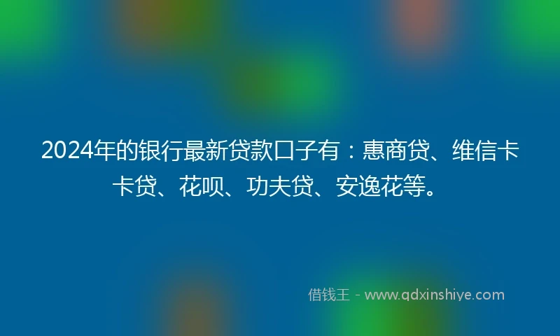 2024年的银行最新贷款口子有：惠商贷、维信卡卡贷、花呗、功夫贷、安逸花等。