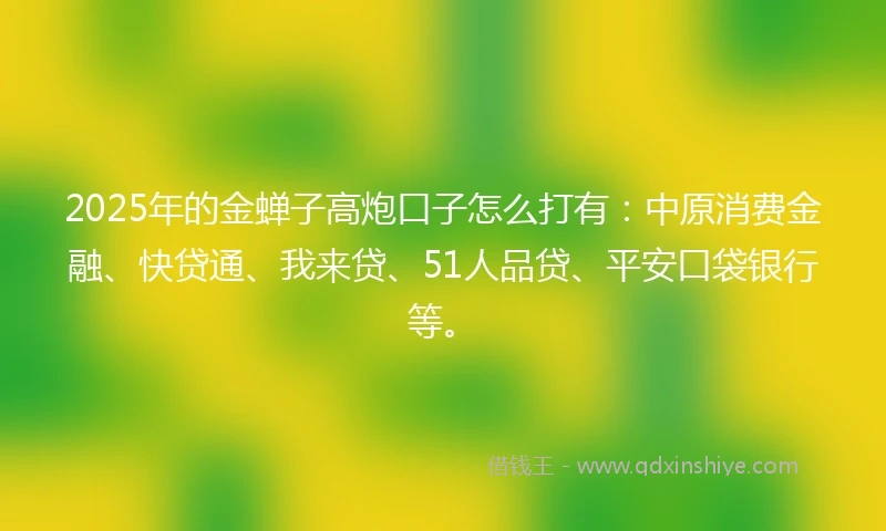 2025年的金蝉子高炮口子怎么打有：中原消费金融、快贷通、我来贷、51人品贷、平安口袋银行等。