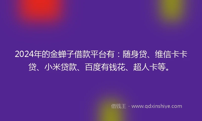 2024年的金蝉子借款平台有：随身贷、维信卡卡贷、小米贷款、百度有钱花、超人卡等。