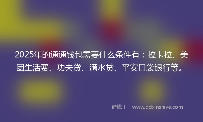 2025年的通通钱包需要什么条件有：拉卡拉、美团生活费、功夫贷、滴水贷、平安口袋银行等。
