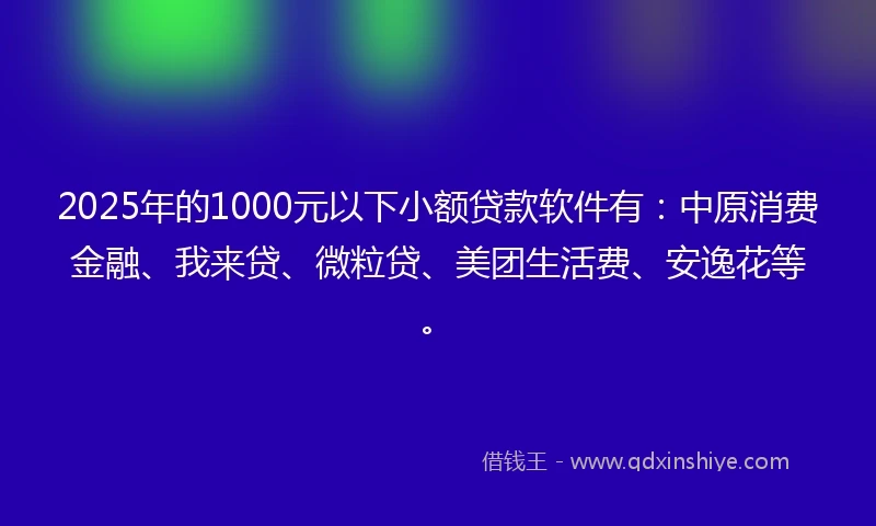 2025年的1000元以下小额贷款软件有：中原消费金融、我来贷、微粒贷、美团生活费、安逸花等。
