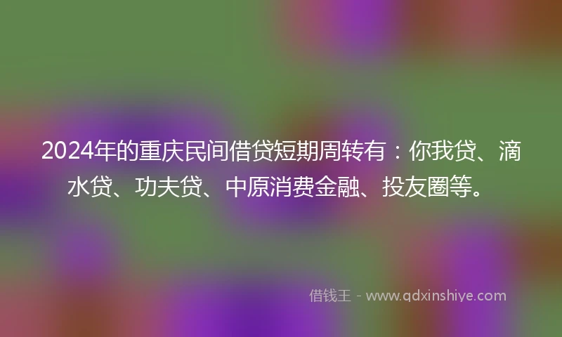 2024年的重庆民间借贷短期周转有：你我贷、滴水贷、功夫贷、中原消费金融、投友圈等。