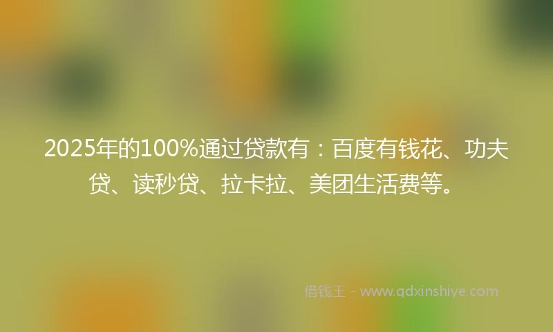 2025年的100%通过贷款有：百度有钱花、功夫贷、读秒贷、拉卡拉、美团生活费等。